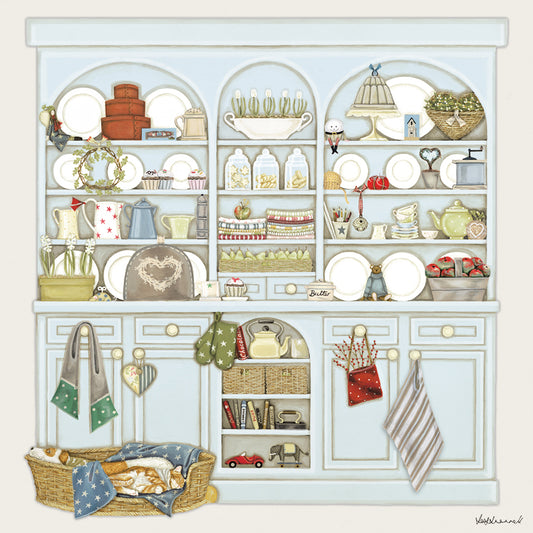 A giclee print featuring a blue country dresser filled with homely bits and pieces, plates, storage jars, pin cushion, cards, toys, baskets, a cat and dog asleep in a basket next to it.