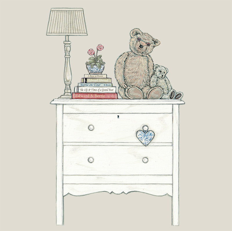 An illustration of 2 old bears sat on a chest of drawers next to a pile of books with bear titles.