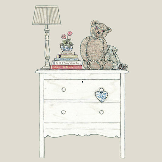 An illustration of 2 old bears sat on a chest of drawers next to a pile of books with bear titles.