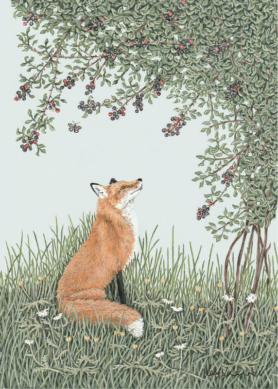 A giclee print featuring a handsome sitting fox eyeing up blackberries hanging from a bush. The fox is sat in long grass amongst wildflowers. There is a speckled wood butterfly in the background.