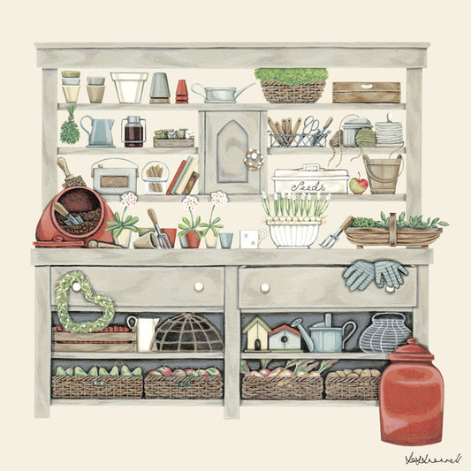A giclee print featuring a large old potting bench filled with garden paraphenalia, pots, string, gardening gloves, old tools, watering cans, trugs, baskets, produce and flowers.