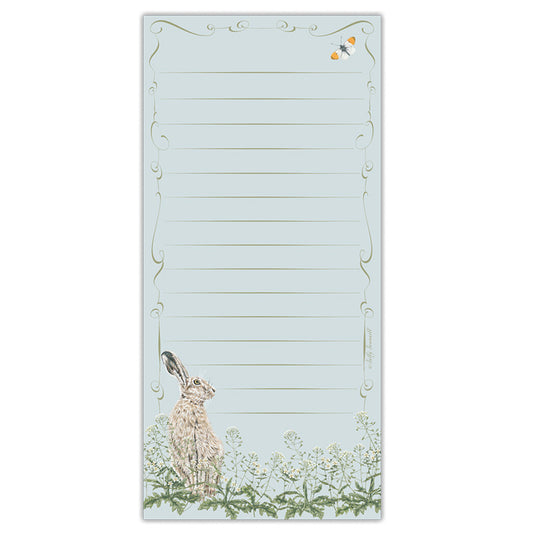 A vertical lined notepad with a pale blue background, featuring a seated hare illustration at the bottom left, small white flowers along the lower edge, and an ornate decorative border around the page.