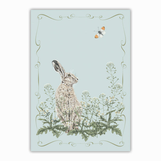 Illustration of a harein a field with flowers on a light blue background