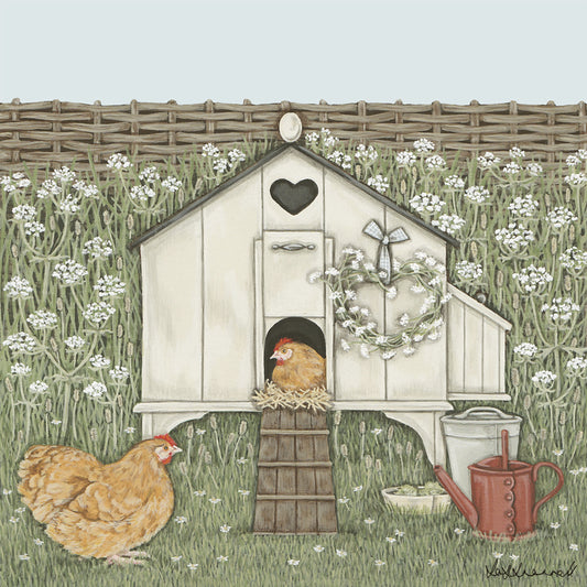 A pretty wooden hen house with one hen siting in the doorway and the other standing outside. There is cow parsley and a willow fence in the background and a watering can and bucket in the forground.