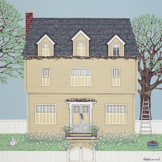 A giclee print featuring a cream coloured clapboard New England-style house with a slate roof. Flanked by tees and surrounded by a picket fence.