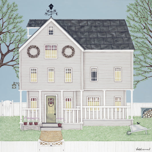 A giclee print featuring a grey clapboard New England-style house with a slate roof and weather vane. Surrounded by a white picket fence and flanked by trees.
