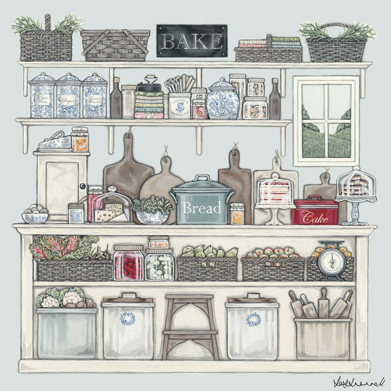 A beautiful shelved pantry filled with baskets, jars, tins, ceramic containers, cloches, and tins. There is a small window overlooking countryside.