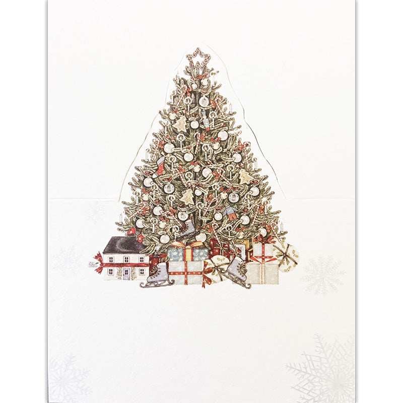 A placecard with a pretty christmas tree design.