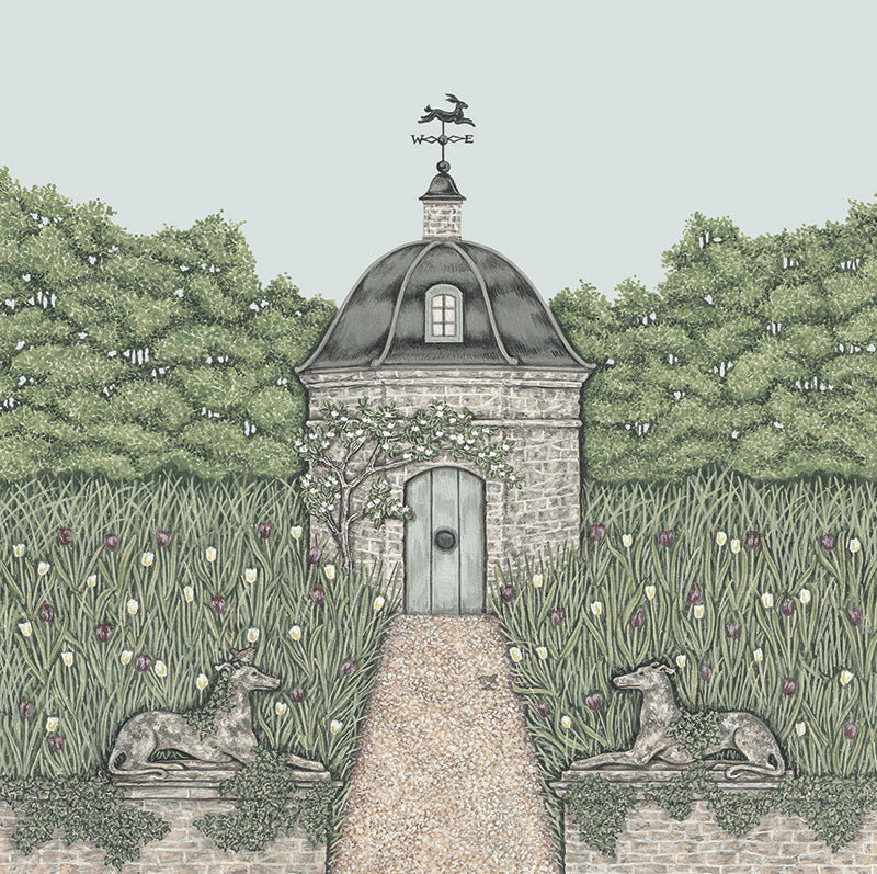 A pretty detailed illustration of an old folly set in trees and a field of flowers, behind an old stone wall flanked by stone dogs.