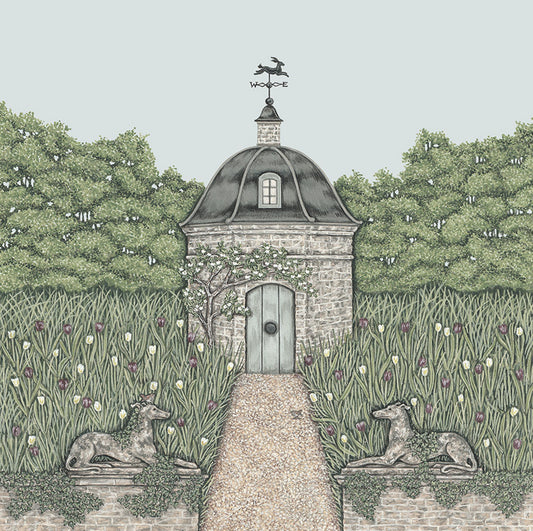 A pretty detailed illustration of an old folly set in trees and a field of flowers, behind an old stone wall flanked by stone dogs.