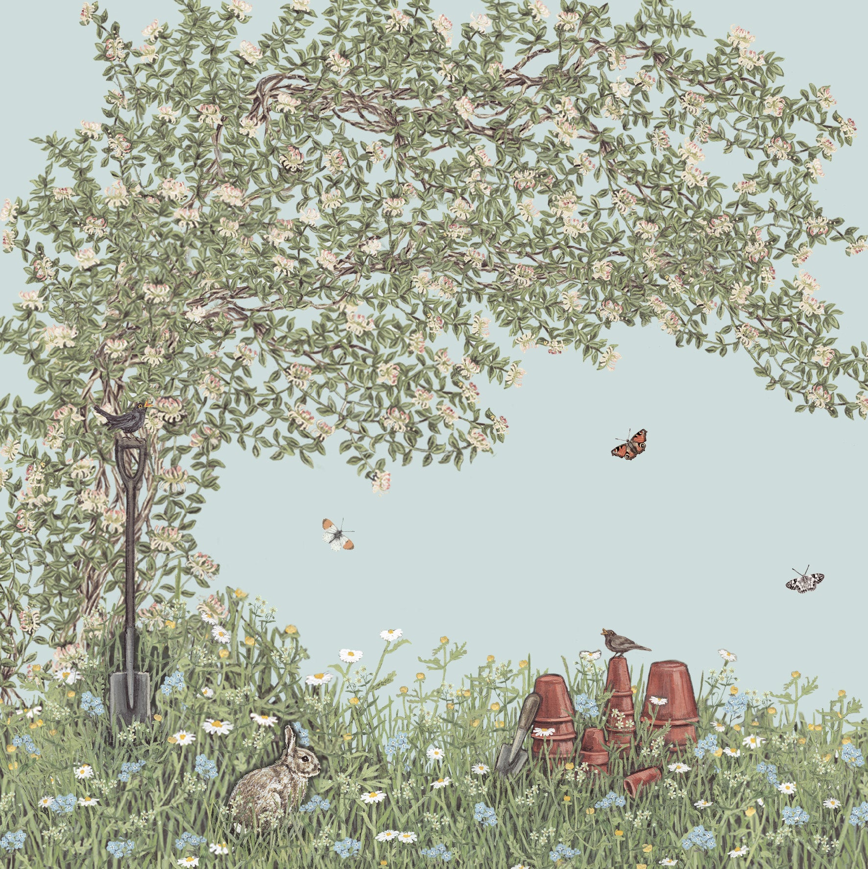 Illustration of a wild garden scene with a honeysuckle bush, wild flowers, a rabbit, balckbirds and butterflies on a light blue background.
