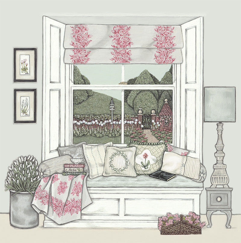 A detailed illustration of a cushioned window seat, overlooking a pretty walled garden.