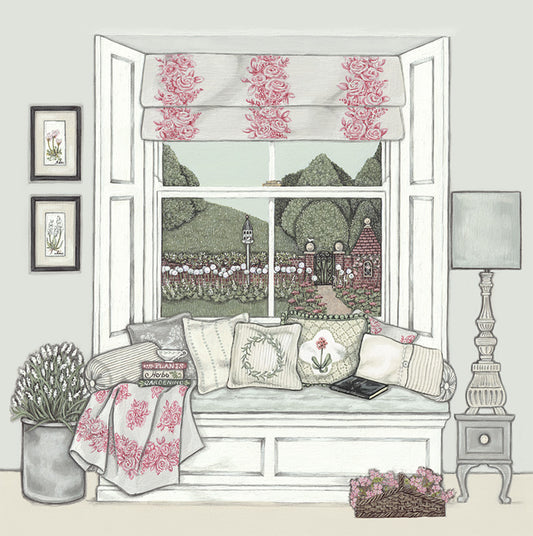 A detailed illustration of a cushioned window seat, overlooking a pretty walled garden.