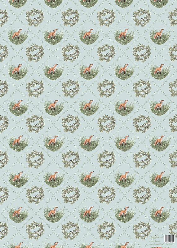 Patterned gift wrap with foxes, blackbirds and wreaths on a light blue background