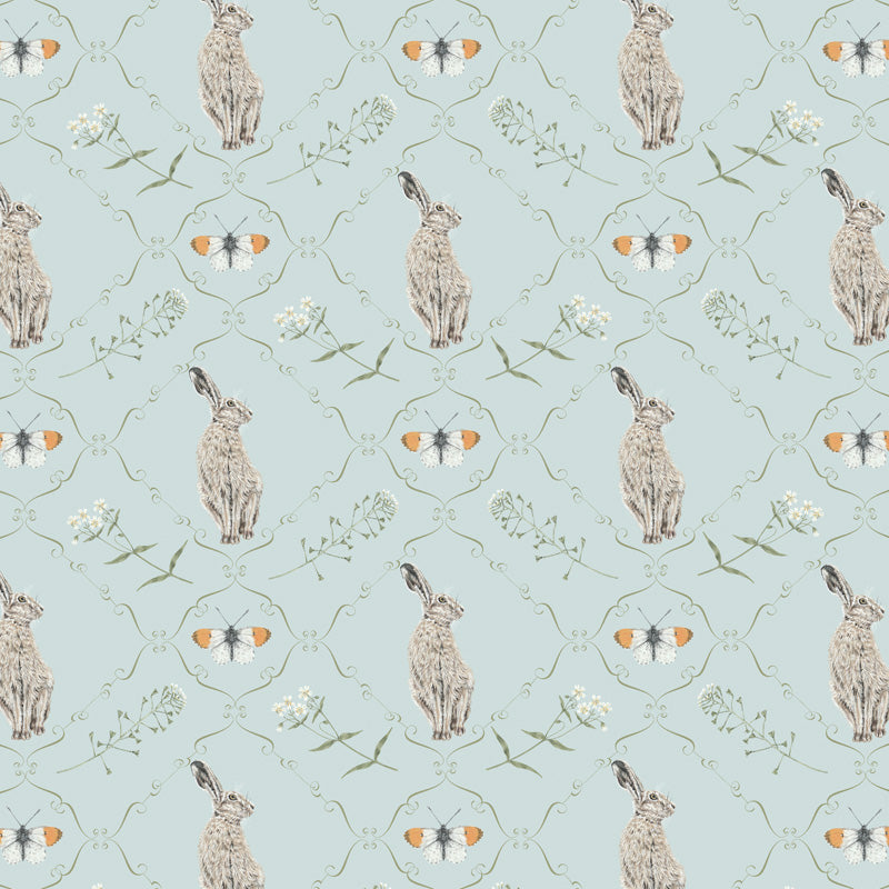 Patterned gift wrap with hares, wild flowers and butterflies on a light blue background