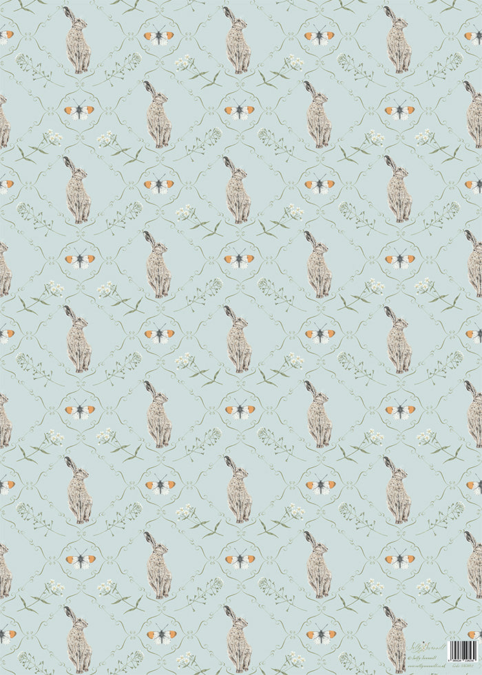 Patterned gift wrap with hares, wild flowers and butterflies on a light blue background