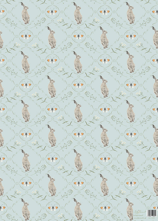 Patterned gift wrap with hares, wild flowers and butterflies on a light blue background