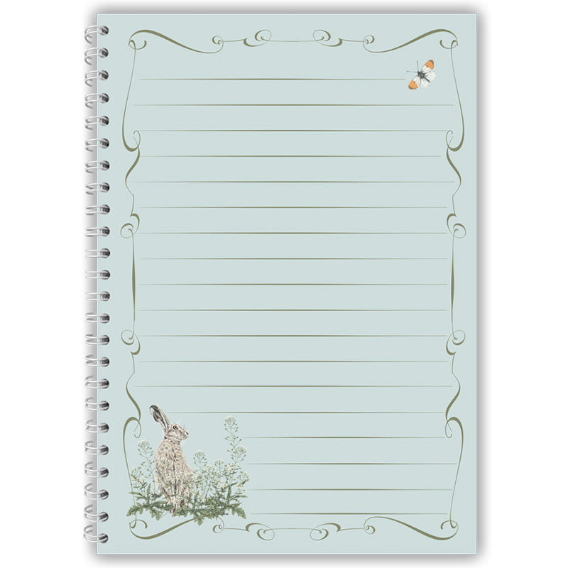 Notebook inside cover with a decorative hare design on a light blue background