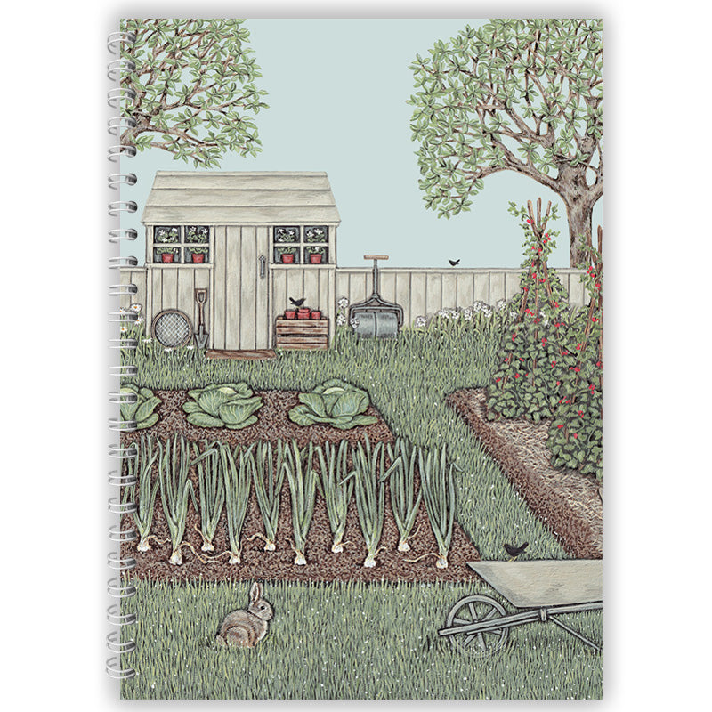 Gardening-themed notebook cover with a garden scene, shed, rabbit, and plants.