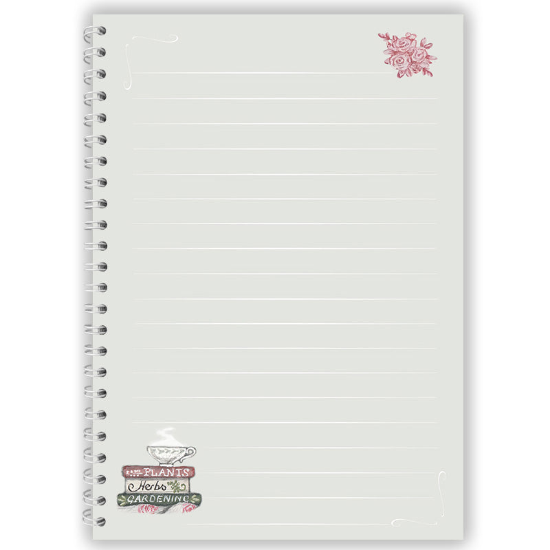 Notebook inside cover with lines and corner illustrations