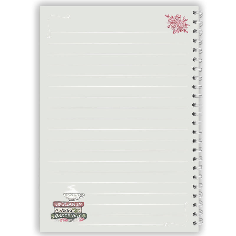Notebook inside cover with lines and corner illustrations