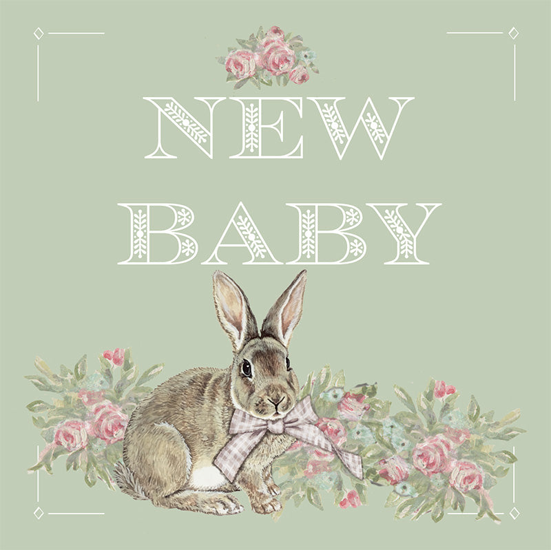 Decorative illustated card with a rabbit, flowers, and 'NEW BABY' text on a light green background, by Sally Swannell