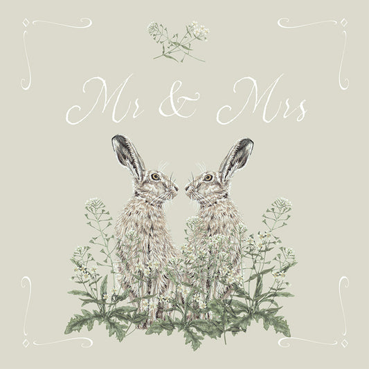 A beautifully illustrated greetings card depicting 2 hares facing each other, under the words, Mr & Mrs.