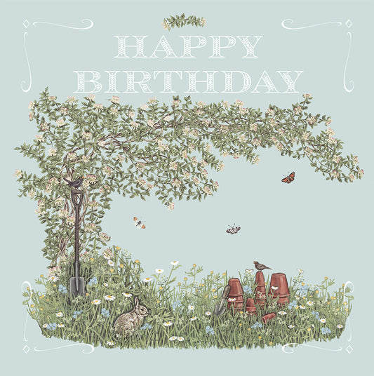 A birthday card featuring a beautifully illustrated wild garden, a rabbit, flower pots, birds, butterflies, and wild flowers.