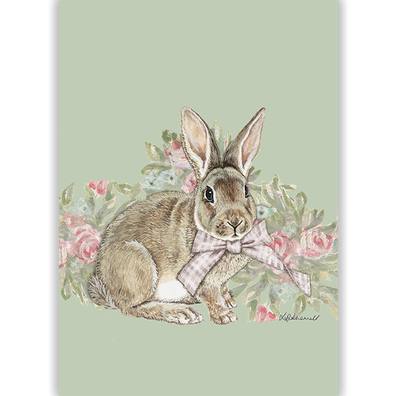 Illustration of a rabbit with a bow  surrounded by flowers on a light green background