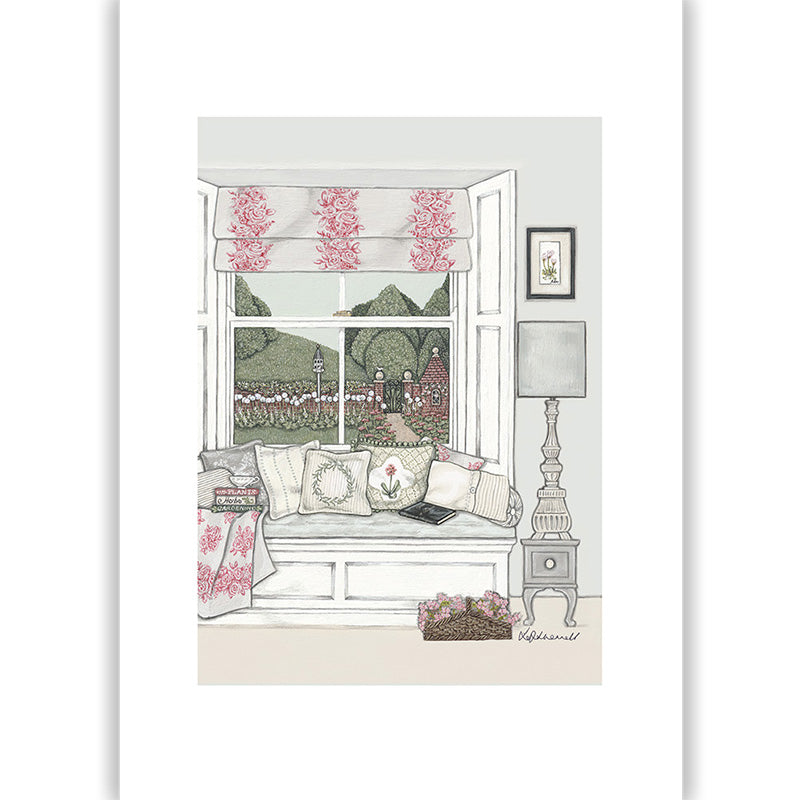 Illustration of a cozy living room with a window view, furniture, and decorative elements.