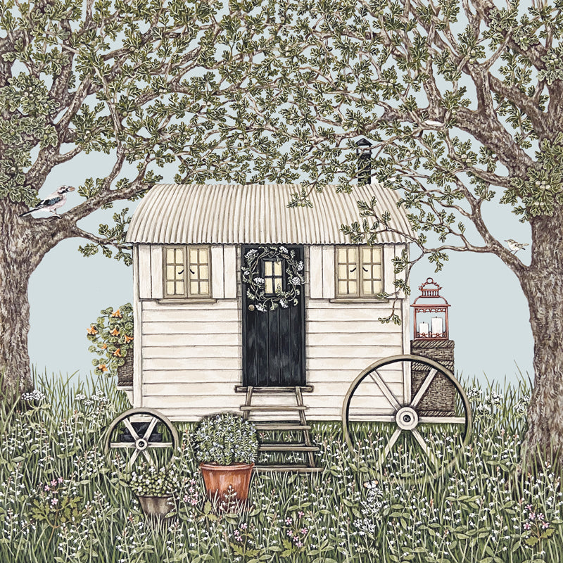 A cream coloured Shepherd's hut with a black door flanked by oak trees, with  Jay and Wood Warbler sitting in their branches. The ground is covered with wild flowers - Enchanterer's Nightshade, Herb Robert and Cow Parsley. Orange Tip butterfly in the foreground.