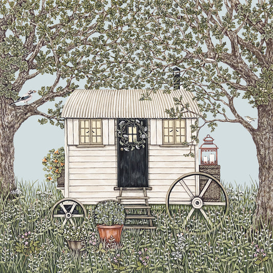 A cream coloured Shepherd's hut with a black door flanked by oak trees, with  Jay and Wood Warbler sitting in their branches. The ground is covered with wild flowers - Enchanterer's Nightshade, Herb Robert and Cow Parsley. Orange Tip butterfly in the foreground.