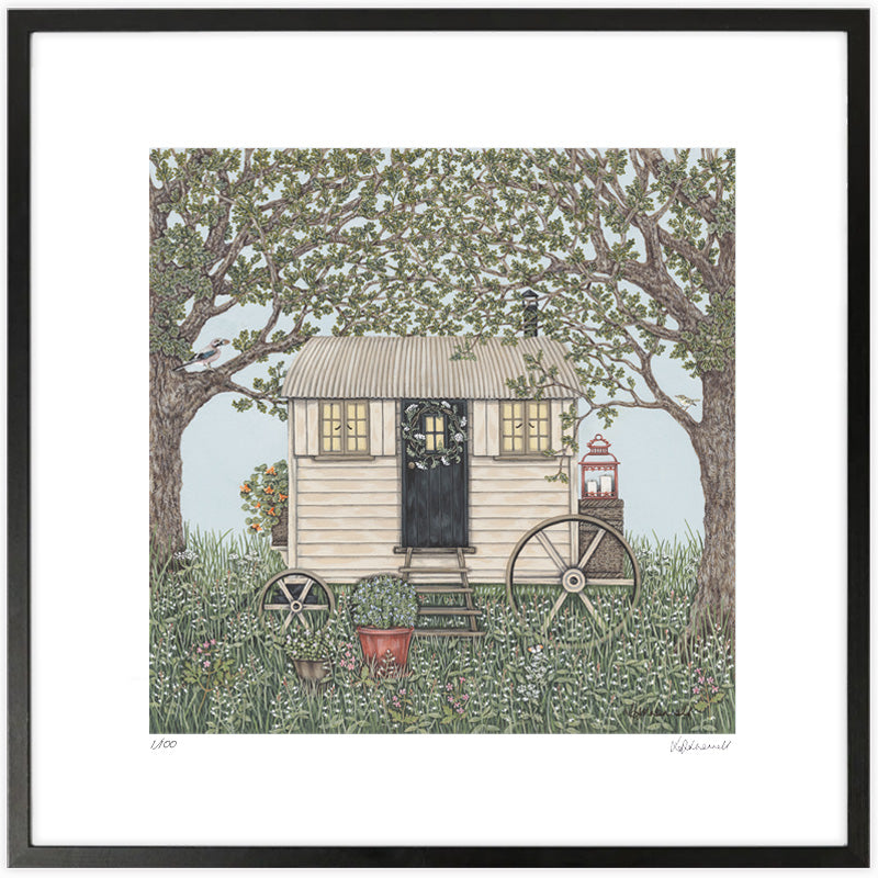 A detailed painting by Sally Swannell of a cream coloured Shepherd's Hut, with Oak trees either side, a Jay and Wood Warbler perch on the tree brancehes. There are wildflowers in the foreground and background.