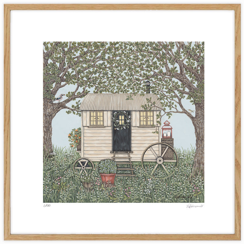 A detailed painting by Sally Swannell of a cream coloured Shepherd's Hut, with Oak trees either side, a Jay and Wood Warbler perch on the tree brancehes. There are wildflowers in the foreground and background.