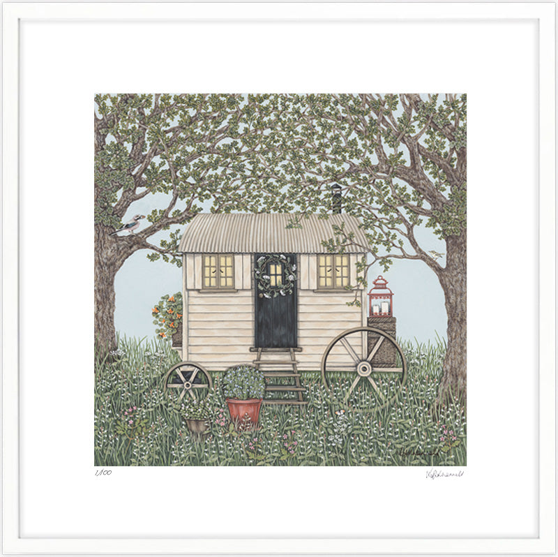 A detailed painting by Sally Swannell of a cream coloured Shepherd's Hut, with Oak trees either side, a Jay and Wood Warbler perch on the tree brancehes. There are wildflowers in the foreground and background.