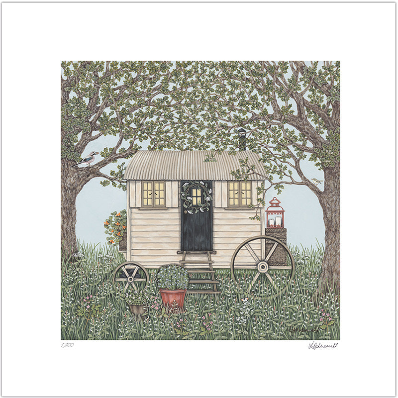 A detailed painting by Sally Swannell of a cream coloured Shepherd's Hut, with Oak trees either side, a Jay and Wood Warbler perch on the tree brancehes. There are wildflowers in the foreground and background.