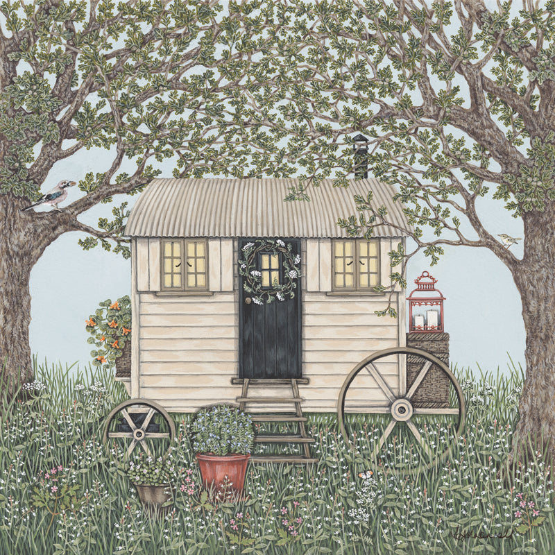 A detailed painting by Sally Swannell of a cream coloured Shepherd's Hut, with Oak trees either side, a Jay and Wood Warbler perch on the tree brancehes. There are wildflowers in the foreground and background.
