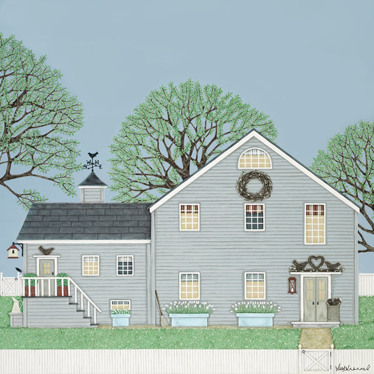 A giclee print featuring a grey clapboard New England-style barn with a slate roof and weathervane. Surrounded by trees and a white picket fence.