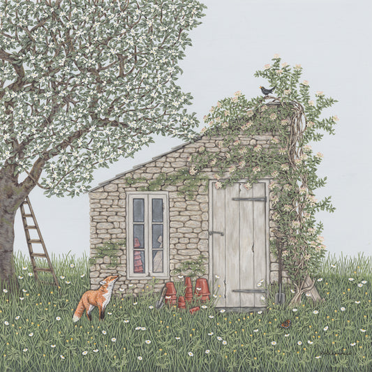 A detailed painting by Sally Swannell of an old stone potting shed, with a honeysuckle climbing up one side, and a fox and apple tree on the left hand side. There are wildflowers in the foreground and background. 