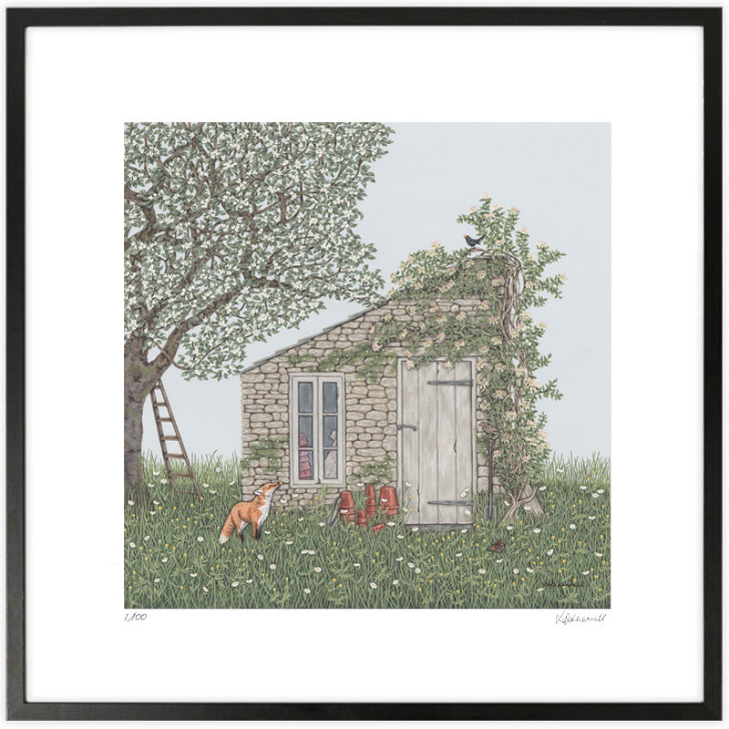 A detailed painting by Sally Swannell of an old stone potting shed, with a honeysuckle climbing up one side, and a fox and apple tree on the left hand side. There are wildflowers in the foreground and background. 