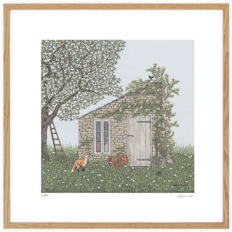 A detailed painting by Sally Swannell of an old stone potting shed, with a honeysuckle climbing up one side, and a fox and apple tree on the left hand side. There are wildflowers in the foreground and background. 
