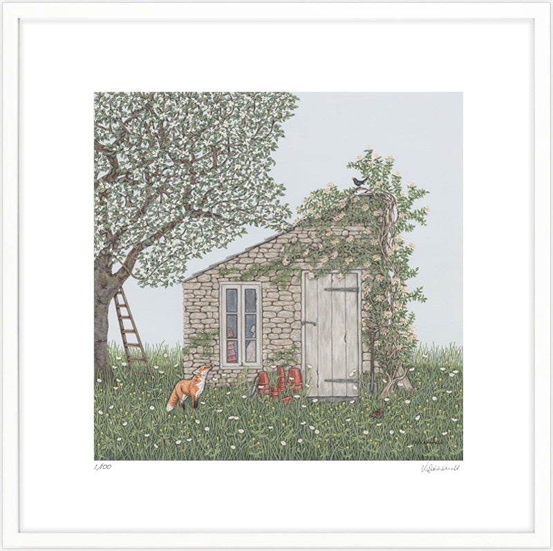 A detailed painting by Sally Swannell of an old stone potting shed, with a honeysuckle climbing up one side, and a fox and apple tree on the left hand side. There are wildflowers in the foreground and background. 