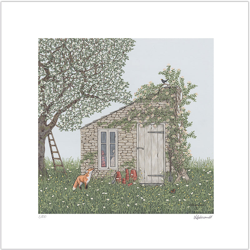 A detailed painting by Sally Swannell of an old stone potting shed, with a honeysuckle climbing up one side, and a fox and apple tree on the left hand side. There are wildflowers in the foreground and background. 