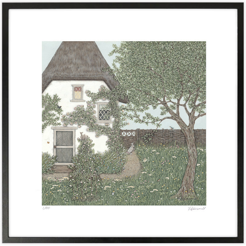 A print of a detailed illustration of an old thatched cottage set in a garden of wildlife and wildflowers.