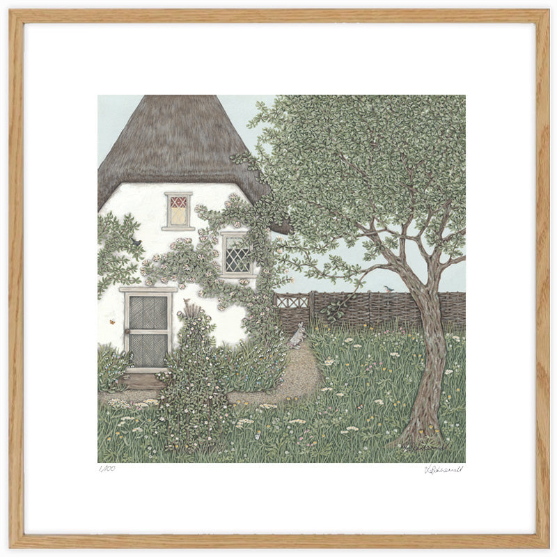 A print of a detailed illustration of an old thatched cottage set in a garden of wildlife and wildflowers.