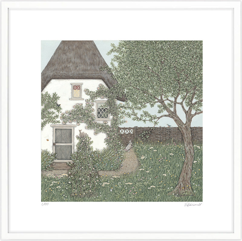 A print of a detailed illustration of an old thatched cottage set in a garden of wildlife and wildflowers.