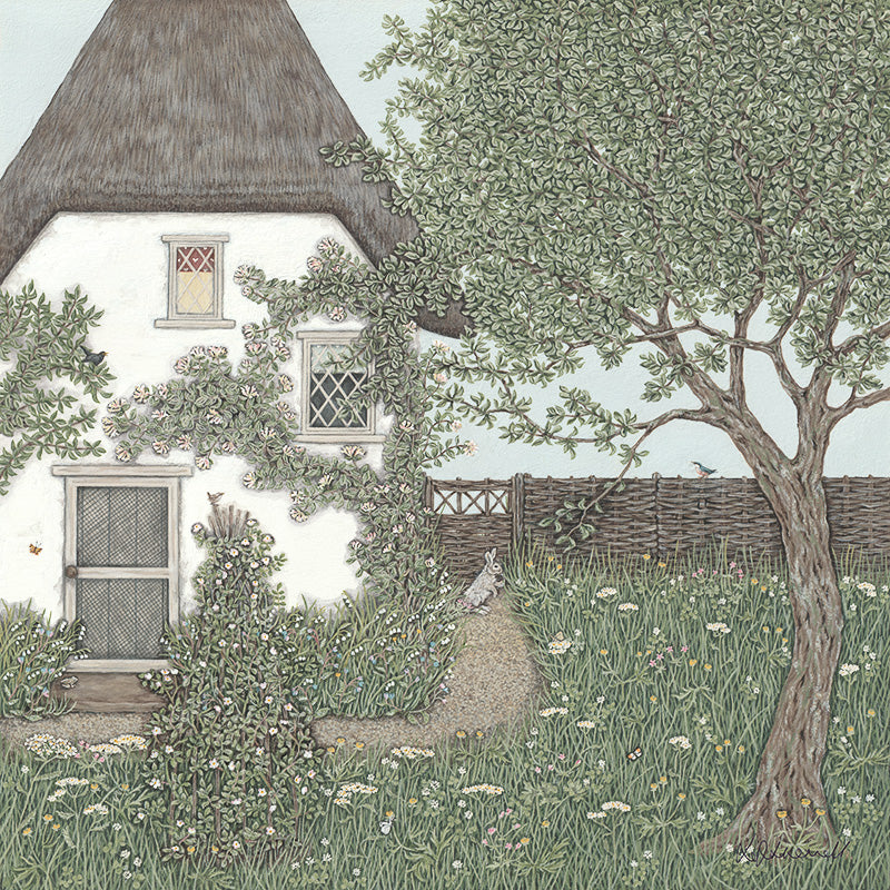 A print of a detailed illustration of an old thatched cottage set in a garden of wildlife and wildflowers.