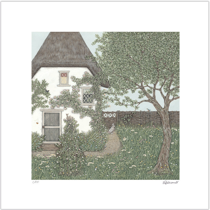A print of a detailed illustration of an old thatched cottage set in a garden of wildlife and wildflowers.