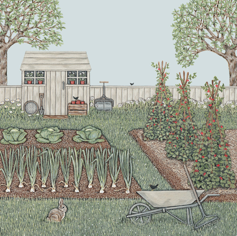 a neat vegetable garden containing leaks, cabbages, runner beans, wheel barrow, roller, garden shed, trees, rabbit, blackbirds