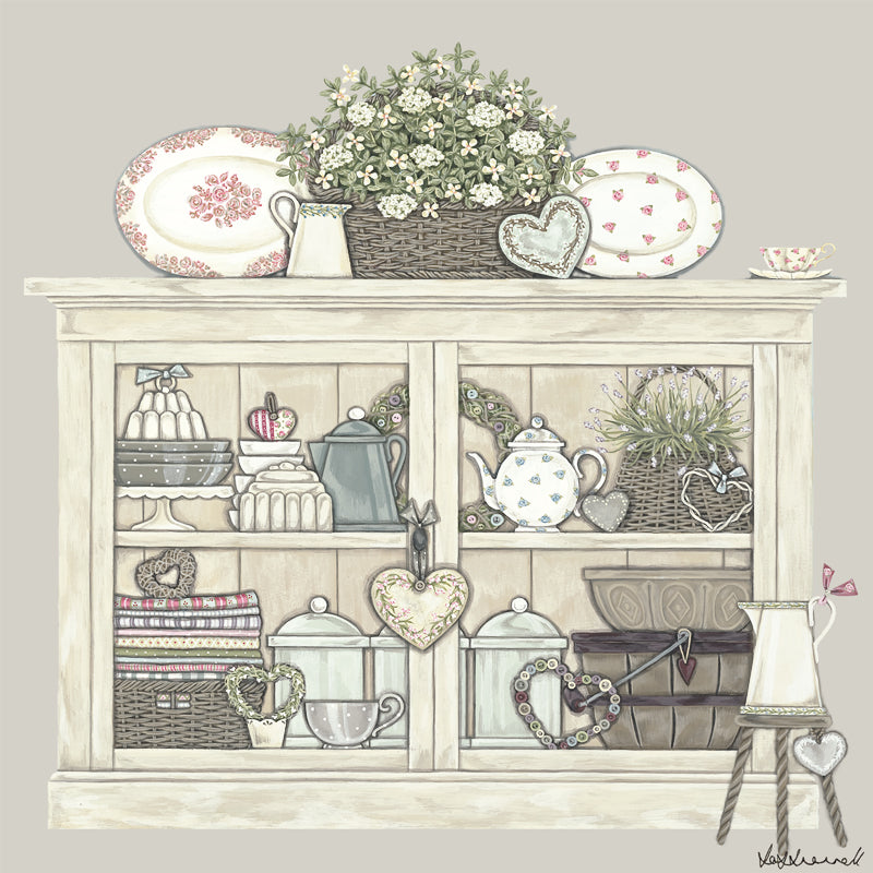A glazed cupboard containing baskets, storage containers, fabrics, and cups, with  a flower basket on the top and milking stool next to it.